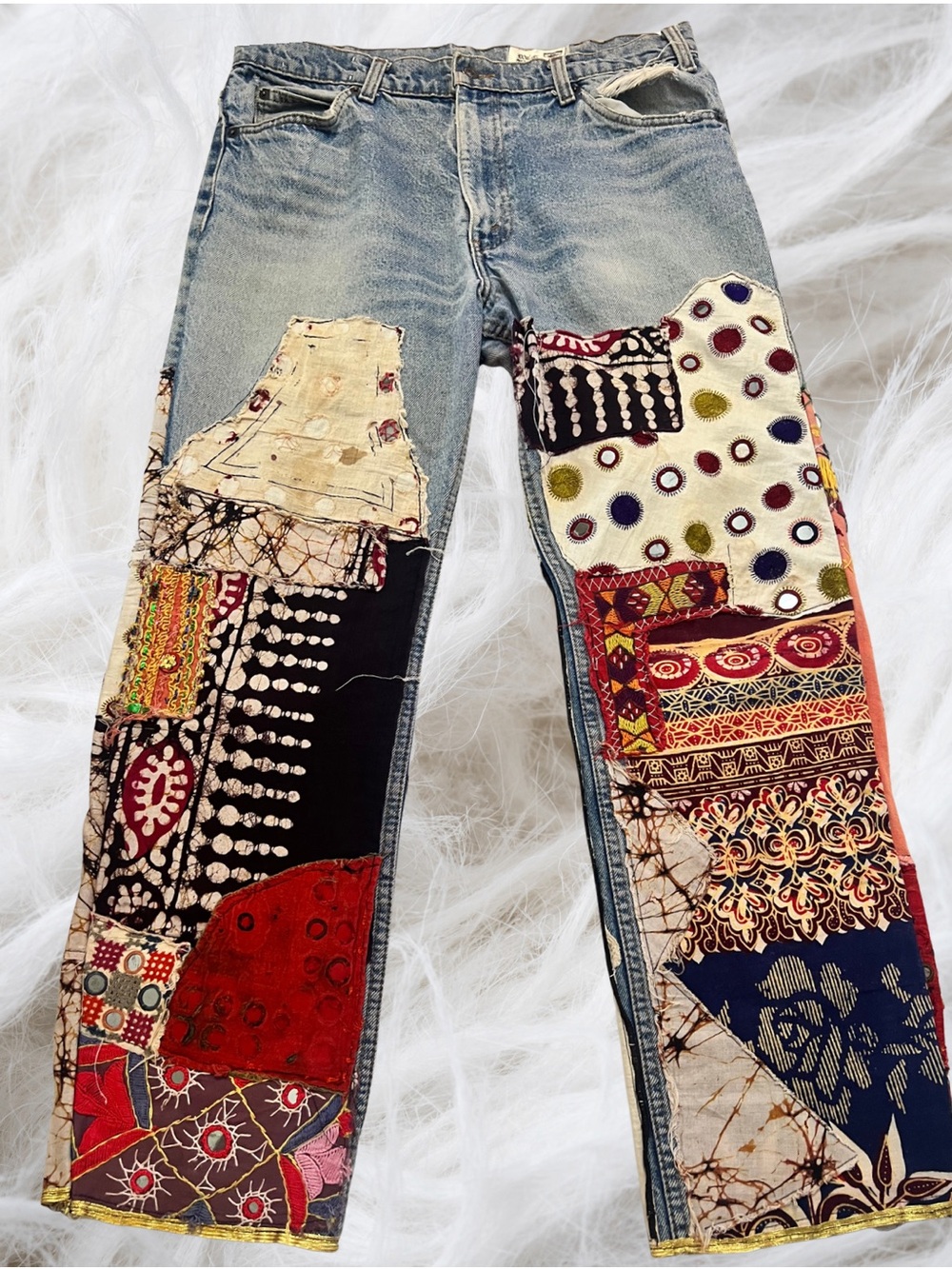 Original Vintage Boho Patchwork Women's Blue Denim Jeans / Wearable Art / s 12 - Picture 2 of 4
